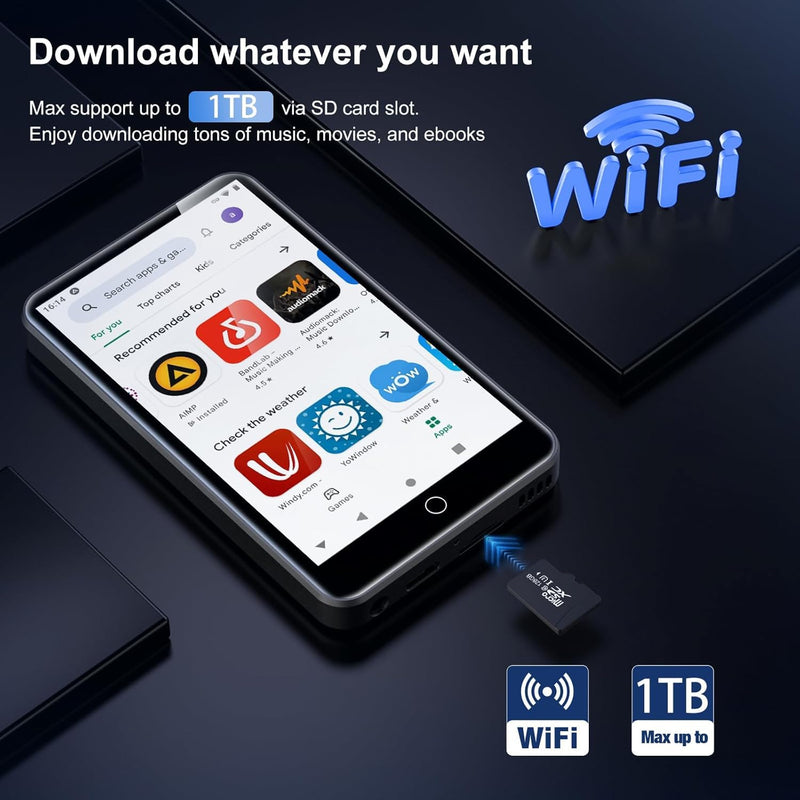MP3 Player with Bluetooth and WiFi, 32GB Portable Music Player, Hi-Res Lossless Audio MP4 Player, 4.02 Inch HD Touchscreen, Supports Spotify, Amazon Music, Audible Black-80GB