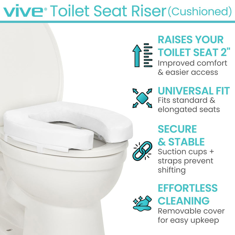 Vive Toilet Seat Riser Cushion for Seniors - Universal Fit - Raised Toilet Seat with High-Density Foam for Elongated & Standard - Firm Handle, Cushioned & Padded - Elevated Medical Handicap Lifter White Dense Riser 2” Height