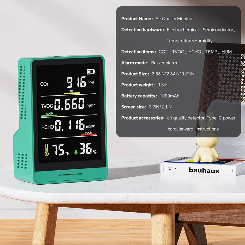 5-in-1 Professional Indoor Air Quality Monitor Indoor Portable CO2 Monitor | Temperature | Formaldehyde Detector | Humidity TVOC | Air Quality Tester - Confined Space Clean Air Monitor (Olive Green) Olive Green