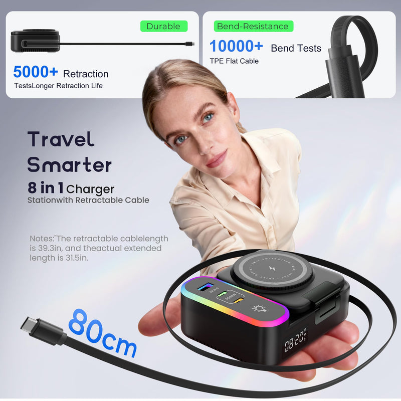 8-in-1 Foldable Wireless Charging Station for Apple Devices with Clock, 65W | Wireless Charge for Apple Watch, Phone & AirPods + 3 Extra Ports. Built‑in Retractable Cord, RGB Light & 65W GaN Fast Charge Black