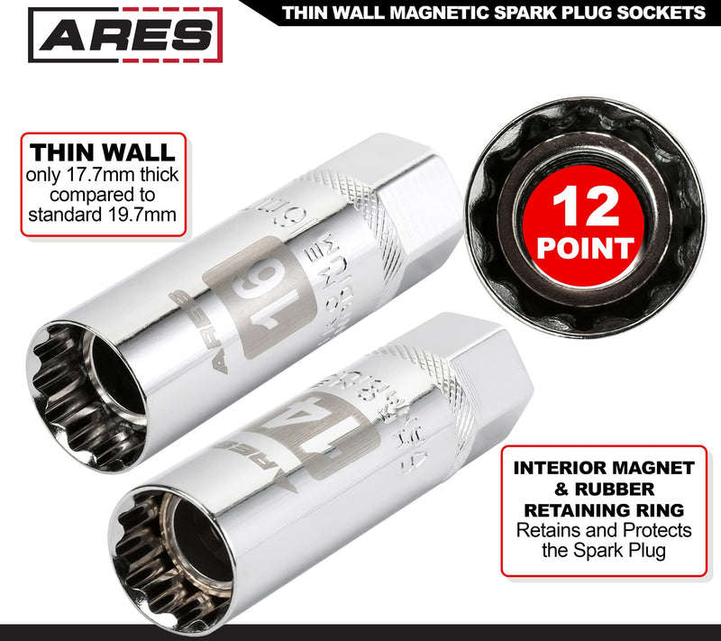 ARES 11016-5-Piece Magnetic Spark Plug Socket Set - Includes 14mm and 16mm Thin Wall Sockets and 9/16-inch, 5/8-inch, and 13/16-inch Sockets - Convenient Reusable Storage Rail Included 5-Piece Magnetic