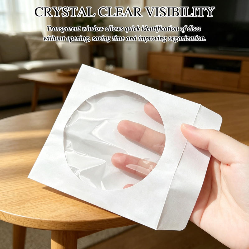 100 PCS Thick White CD/DVD Paper Sleeves with Clear Window and Flap, Dust-Proof Disc Storage Envelopes for CDs, DVDs, Music, Movies and Office Organization