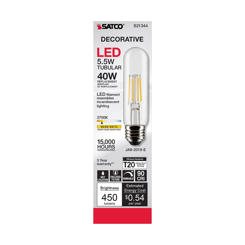 Satco S21344 5.5-Watt T10 LED Filament Light Bulbs, 2700K Warm White, 450 Lumen, E26 Medium Base, Dimmable, Wet Location 15000 Hour Rating 6 Pack