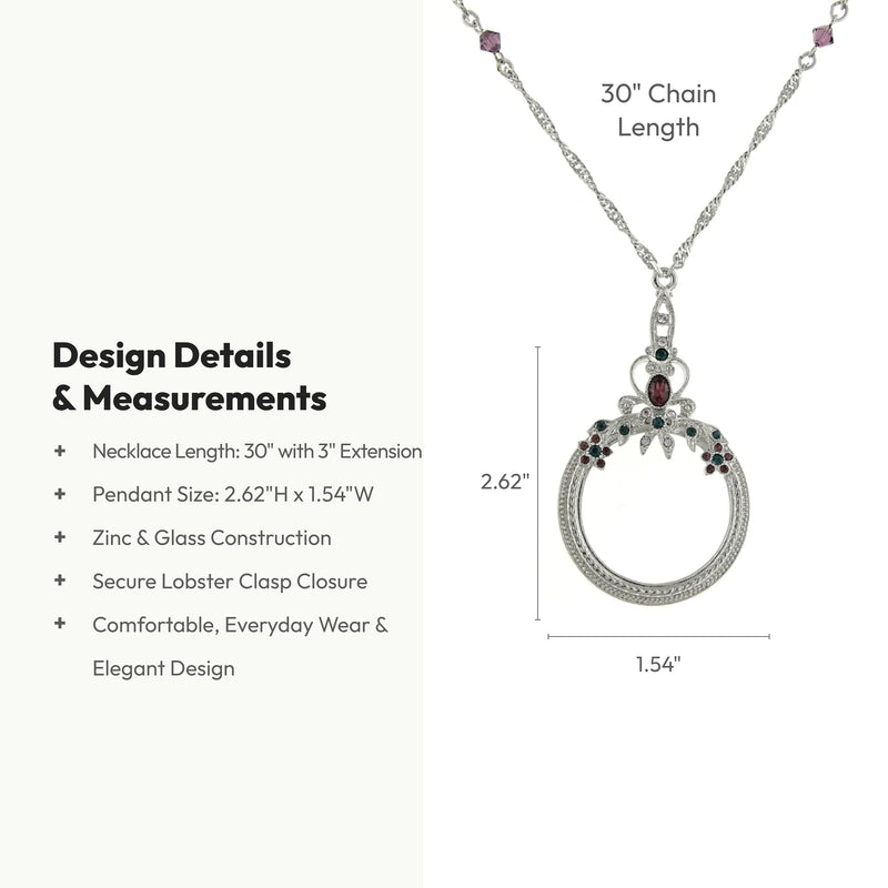 1928 Jewelry Floral Crystal Magnifying Glass Necklace For Women 30" - Magnification Power: 2X, Multifunctional Magnifier Perfect For Reading Menus, Labels, Books, Magazines Silver