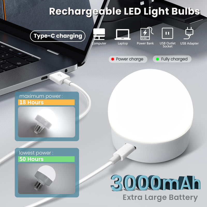 Rechargeable Battery Operated Light Bulb with Remote, Last 18-50 Hours 3000mAh Wireless LED Bulb with Timer and 15 Color Temperature, dimmable, Magnetic Puck Light for Non-Hardwired Fixture, 4 Pack White
