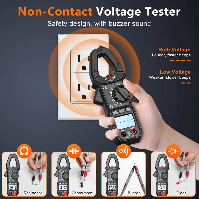 FKM Clamp Meter,TRMS 6000 Counts 600 Amp Digital Clamp Multimeter Voltage Tester,Auto-ranging Volt Meter,for AC/DC Voltage,AC Current,NCV,Capacitance,Resistance,Continuity,Hz/Duty Cycle,Diode,TempTest Black-(AC Current)Clamp Meter