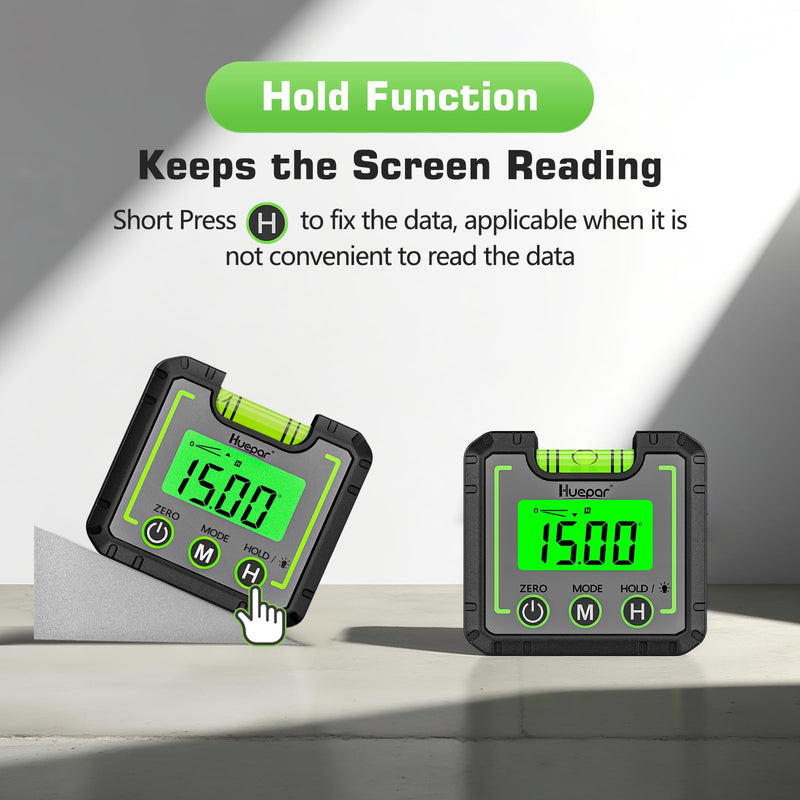 Huepar Digital Level Angle Gauge Mini Angle Finder Level Box with V-Groove Magnetic Base&Backlit LCD Bevel Gauge Inclinometer for Carpentry,Building, Automobile, Masonry - 0~360° Fast Measurement AG01