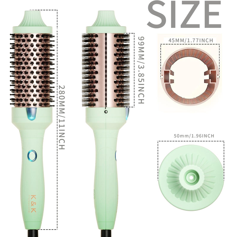 K&K Thermal Brush, 45 mm Heated Round Brush, Professional Heated Curling Ceramic Tourmaline Ionic Curling Iron, Hot Styling Volumizing Comb, Dual Voltage Green