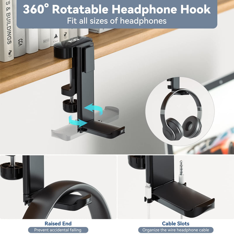 KDD Rotatable Headphone Hanger - 3 in 1 Under Desk Clamp Controller Stand Replaceable Cup Holder - Compatible with Universal Headset, Controller, Cup(Black) Black