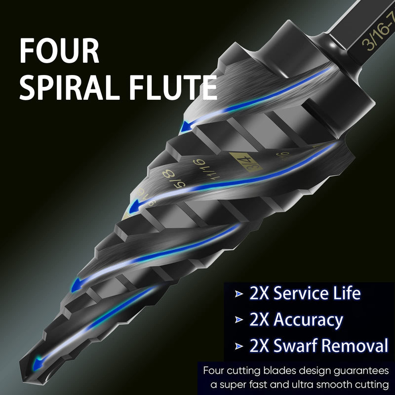 M35 Cobalt Step Drill Bit Four Spiral Flute, 3/16"-7/8" (12 Step Sizes) - Ideal for Metal, Stainless Steel, Wood, Plastic - 1/4" Hex Shank 3/16" - 7/8"
