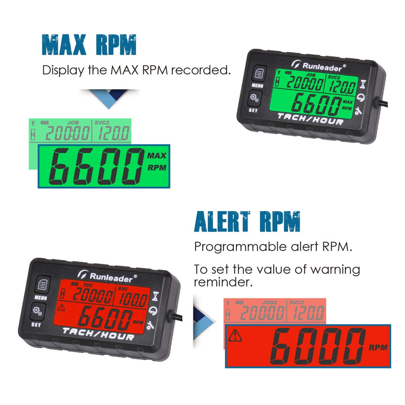 Runleader Hour Meter Tachometer, Maintenance Reminder, Alert RPM Reminder, Initial Hours Settable, Battery Replaceable, Use for Lawn Mower Generator Marine ATV and Gas Powered Equipment (HM058B-BU) HM058B-BU