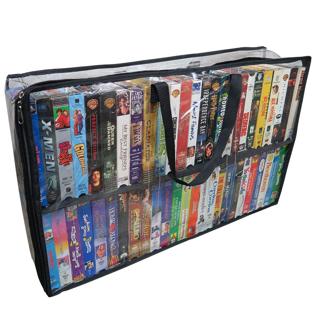 Evelots VHS Movie Tape Storage Bag/Case, Clear PVC Plastic-Holds 50 Total, Strong Handles-Protects from Dirt/Moisture/Dust 1 Unit