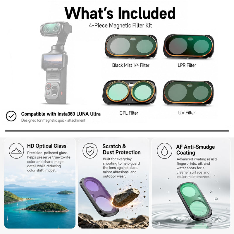 Magnetic Lens Filters Set for Insta360 Luna Ultra(AdjustableCPL, UV, 1/4 Black Mist/LPR)