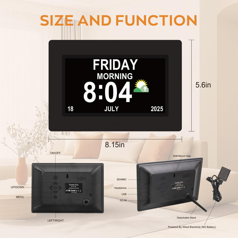 Digital Clock for Seniors with Day Date Time Large Display - 7 Inch Large Print Dementia Clock for Memory Loss and Visually Impaired, 12 Alarm Options, Non-Abbreviated, Black 7''