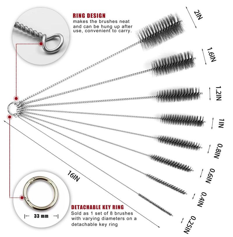16 Inch Extra Long Pipe Cleaning Brush Set Stainless Steel Bristles, Stainless Steel Pipe Brush Steel Bottle Brush 8 Piece Variety Pack for Auto Parts, Bottles,Tubes, Etc. 16 Inch
