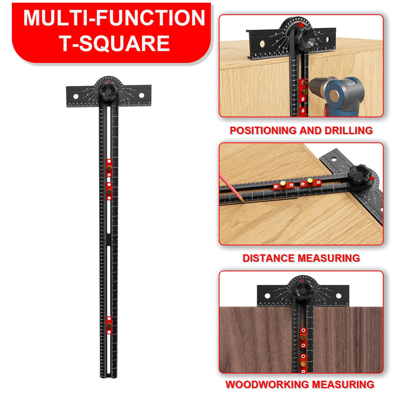 29 Inch Woodworking T Square Ruler, Aluminum Alloy, Adjustable Angle 15-165° Measurement Tool, Precision Drilling Positioning Guide for Carpentry, Drafting, Contractor, Scribe Crafting, Drywall 29.3in black