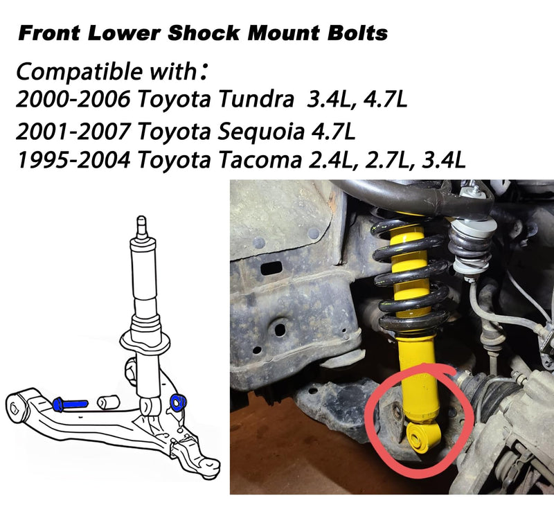 Front Lower Shock Mount Bolts Kit Compatible with Toyota Sequoia 2001-2007, Tacoma 1995-2004, Tundra 2000-2006