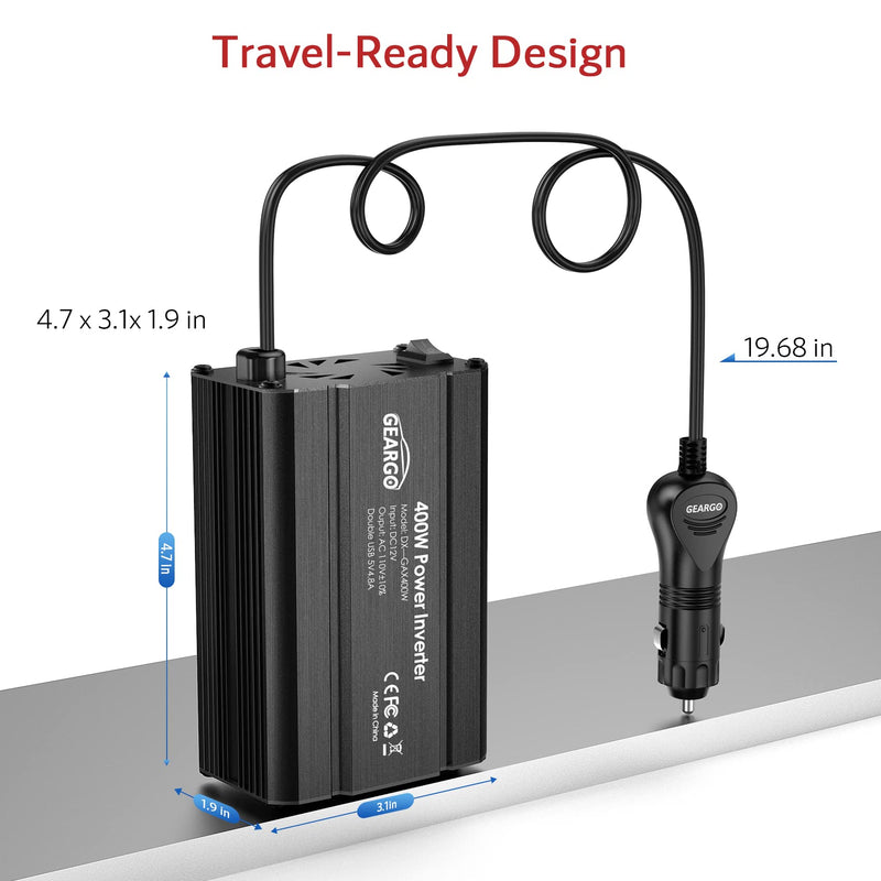 400W Power Inverter DC 12V to 110V AC Car Charger Converter with 4.8A Dual USB Ports and 2 AC Outlets Car Adapter (Black) 400W Black