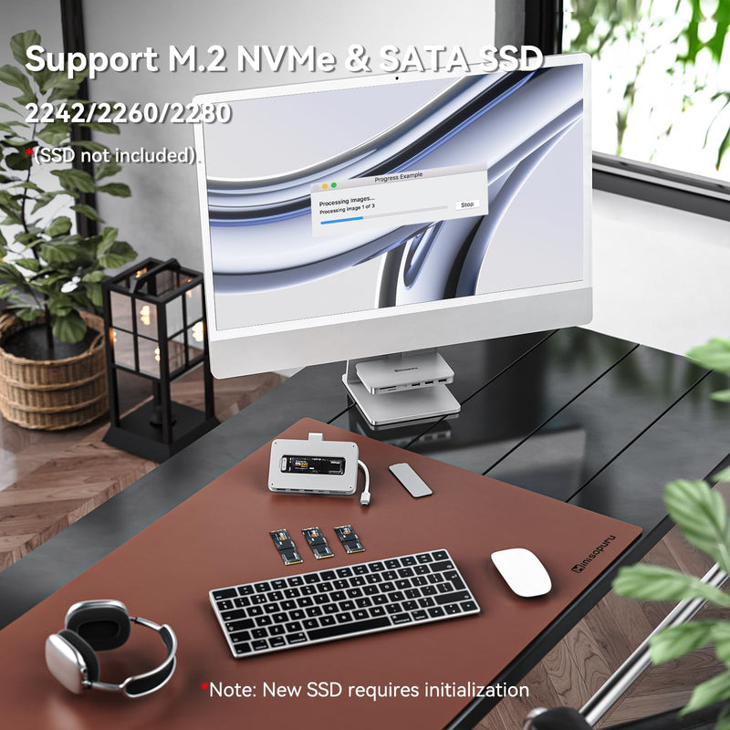 Minisopuru iMac Hub - Compatible with iMac 24 inch M1/M3/M4 and Studio Display 27 inch, Accessories Support Max 10Gbps M.2 SSD (SSD Not Included), USB A/C 10Gbps, SD/TF, Silver.