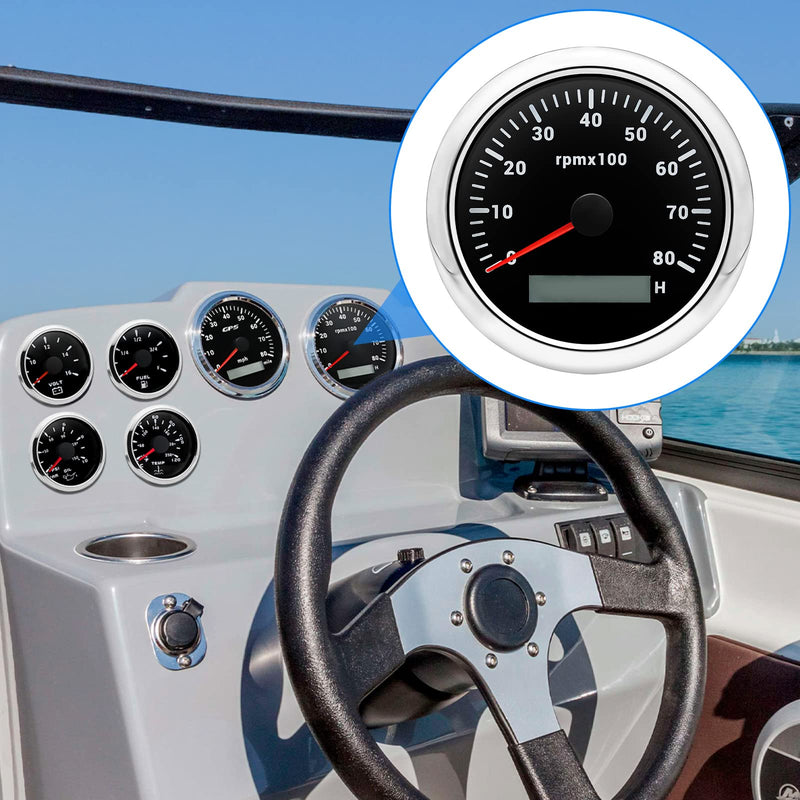 ARTILAURA Tachometer 85mm 3-3/8" Boat Tachometer 7 Color LED RPM Gauge Tacometro Meter Automotive Replacement Tachometers 8000 RPM for Car Auto Marine Truck 9-32V (Black) Black and Silver