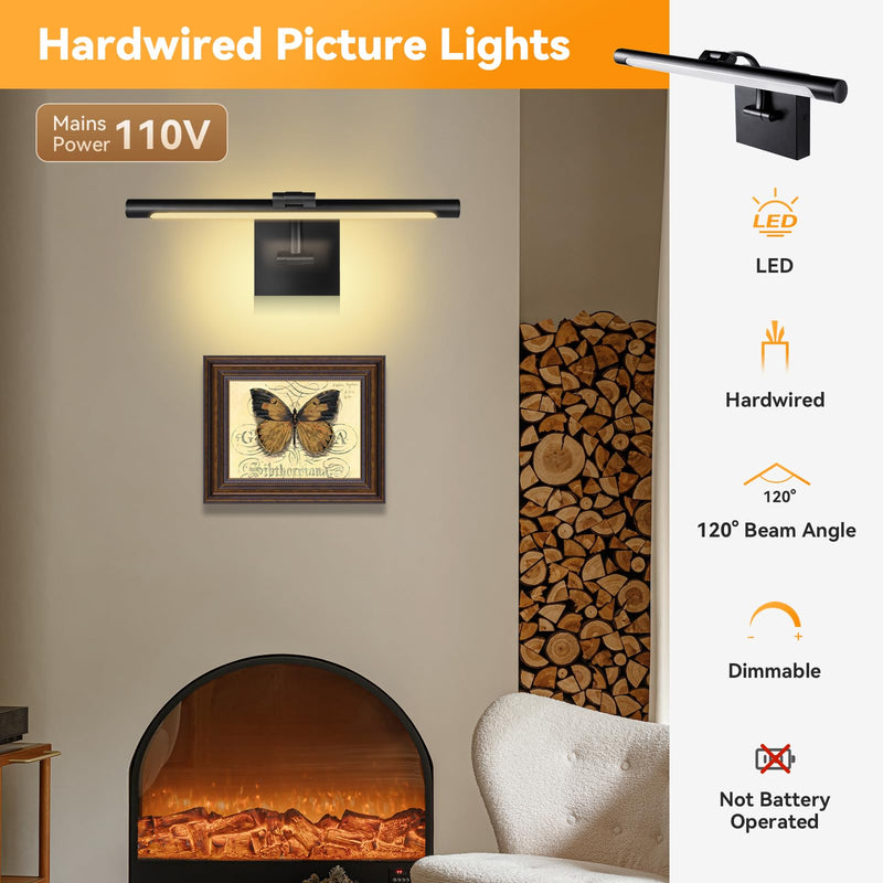 JO.KO 15.75 Inch LED Picture Lights for Wall Hardwired, Poster Art Gallery Light 10-100% Dimmable, 3000k Warm White Black Wall Sconces 7W CRI90 for Gallery Artwork, Paintings and Bathroom