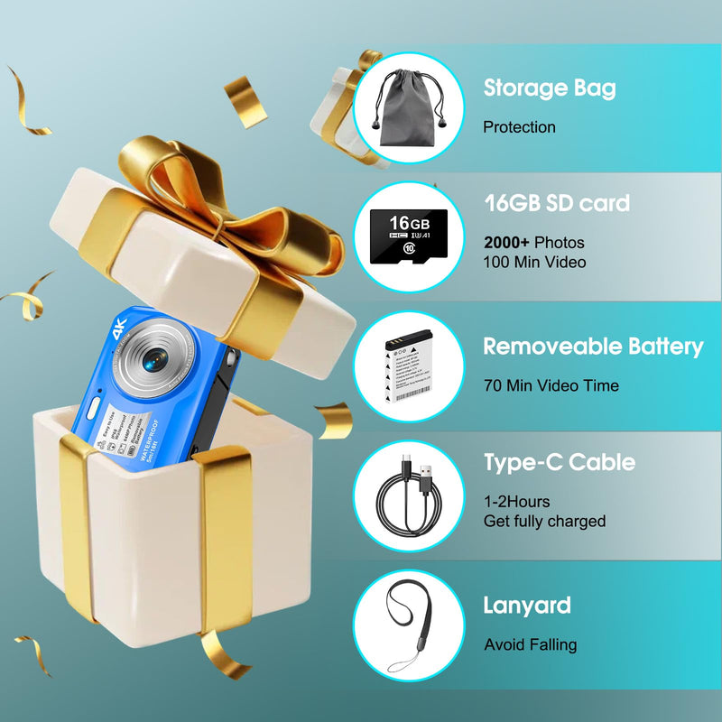 4K Underwater Camera, 64MP 16FT Waterproof Digital Camera with 16GB Card, Autofocus Floatable Waterproof Camera with IPS HD Screen, 16X Digital Zoom, Fill Light, for Snorkeling, Surfing, Swimming