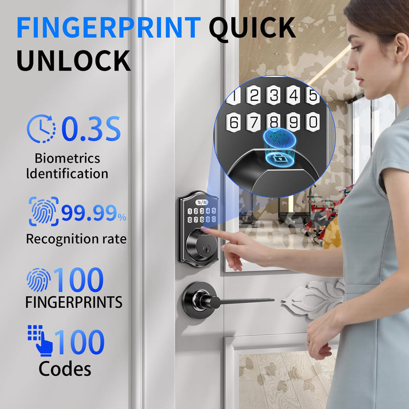 Deadbolts Lock for Front Door：Fingerprint Door Lock 0.3s Fast Unlock 100 Fingerprints 100 Codes Keyless Entry Smart Electronic Keypad Digital Auto Lock 1-99s Black