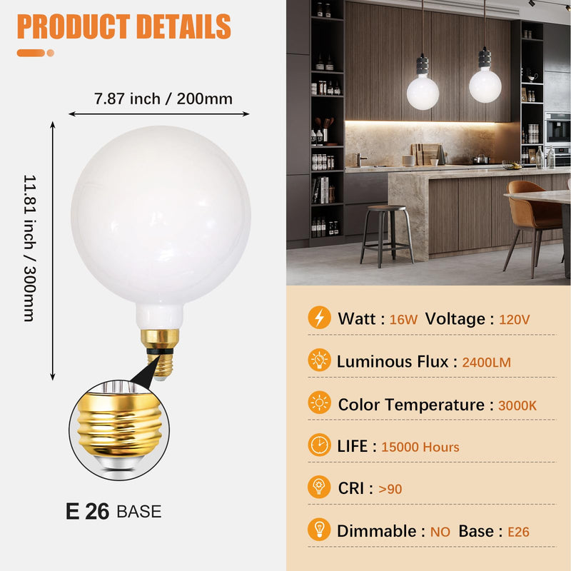 SD LUX Oversized LED Light Bulb Giant Edison Filament Bulb 16W 2400LM (Equi. 200W) E26 Large Bulb Milky Glass for Home Office, Non-dimmable, 1 Pack (Warm White (3000K), G200WT)