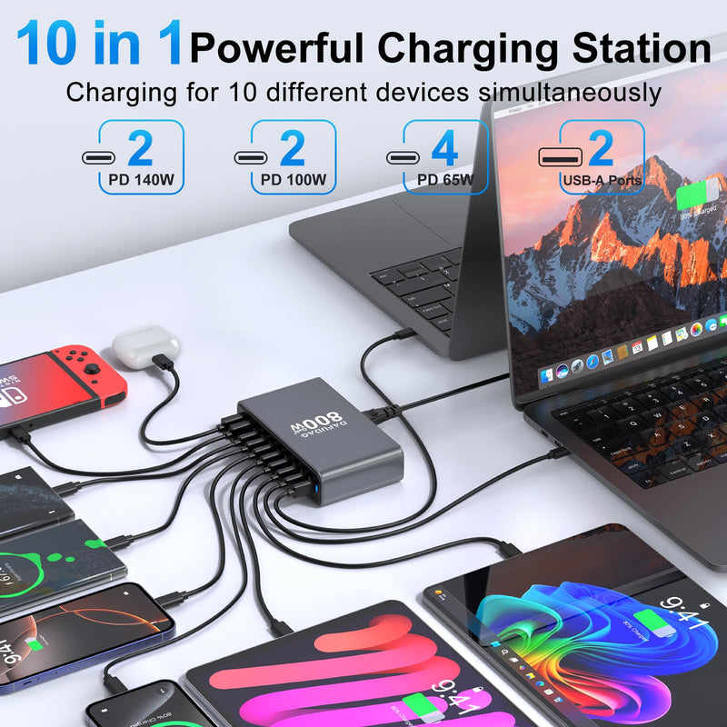 800W USB C Charger, 140W GaN Charger, 10-Port 100W/65W Fast Charging Station Compatible with MacBook Pro 16, HP, ASUS Laptops, iPad, iPhone 16 Pro Max/15, Samsung Galaxy S24/S23, Steam Deck and More
