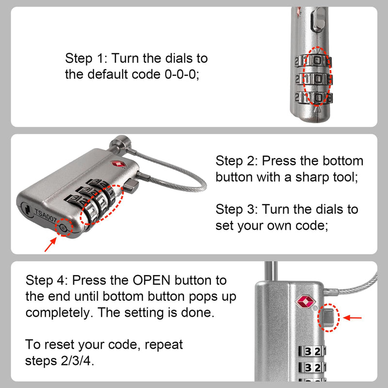 LAFENLIN TSA Cable Lock 2-Pack for Gun Cases, Adjustable Handle, Silver | TSA-approved Locks with Adjustable Alloy Handle for Hard Cases (No Key). 3-dial Combo, Cut-resistant, Weatherproof. Silver Silver - 2 Pack