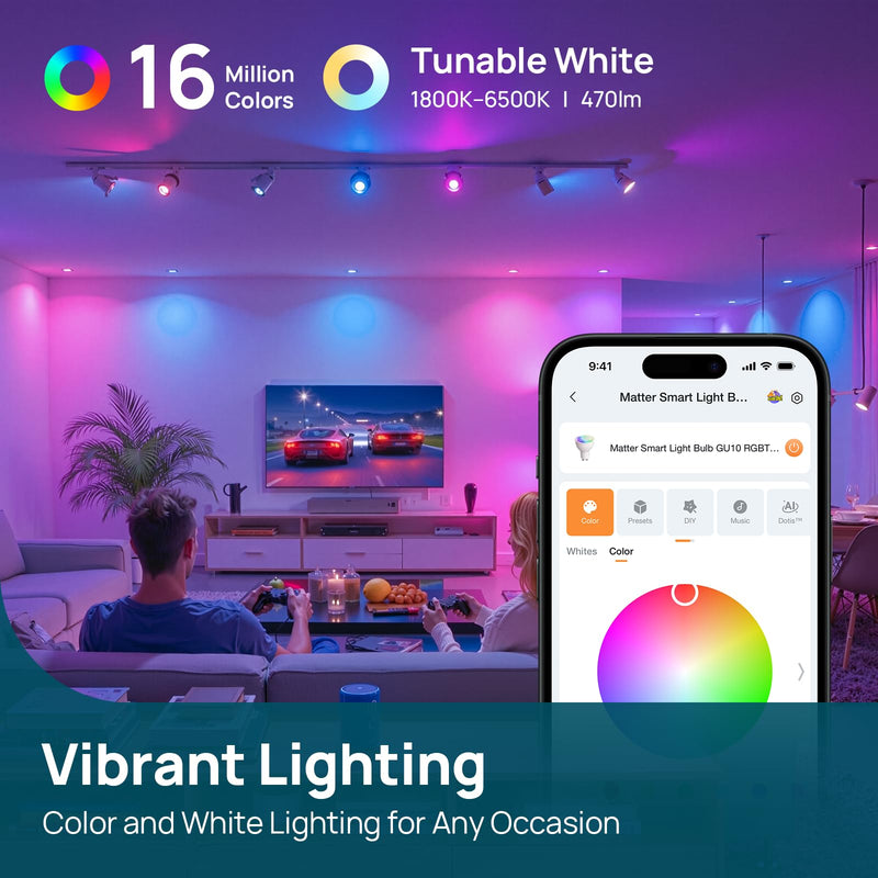 Linkind Matter GU10 Smart Light Bulbs, 40W 470LM Color Changing GU10 LED Bulbs, Works with Alexa/Apple Home/Google Home, Tunable White(1800K-6500K), Music Sync & Light Shows, 2Pack 2 Pack