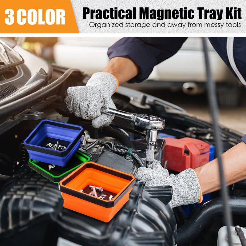 Collapsible Magnetic Parts Tray Set, 3 Pack Foldable Silicone Magnetic Tool Trays for Bolts Screws Nuts & Small Metal Parts, 4.5” Upgraded Square Silicone Bowls with Dual-Sided Magnetic Base