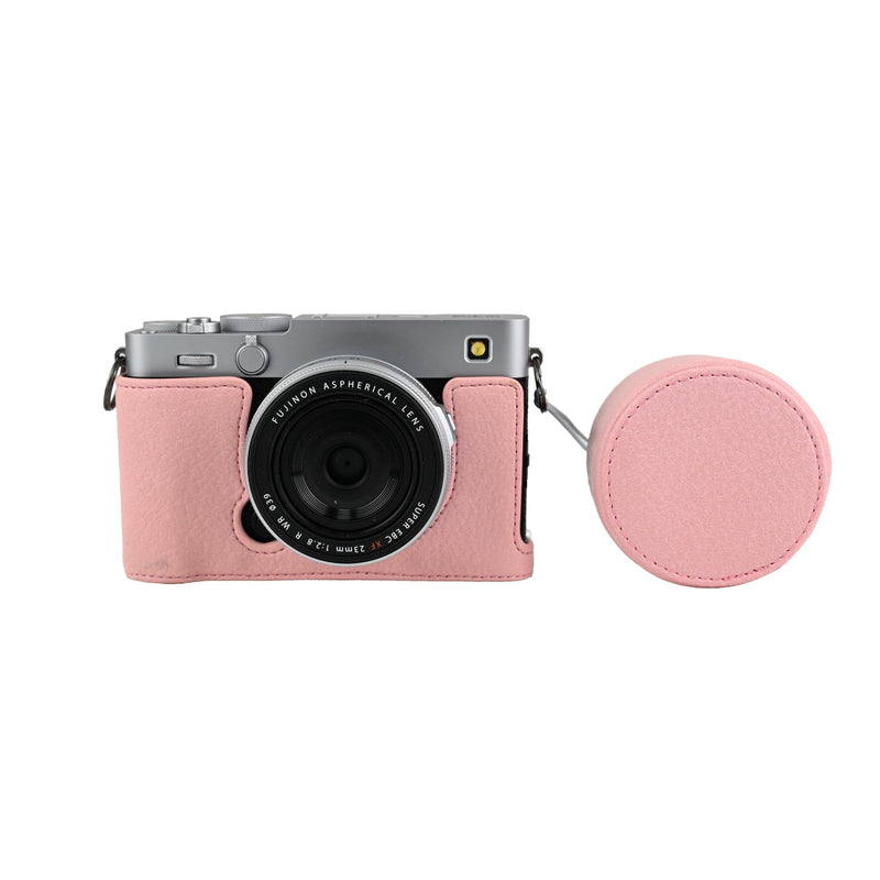 X-E5 Case, Handmade PU Leather Half Camera Case Bag Cover Bottom Opening Version for Fujifilm X-E5 XE5 With Neck Strap Lens Cover (Pink) Pink