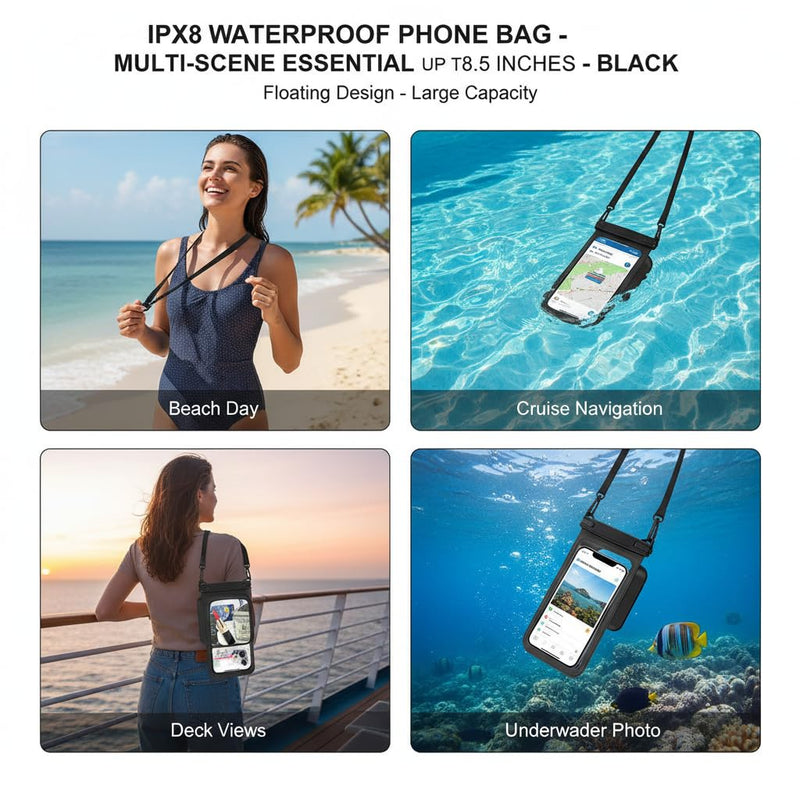 IPX8 Waterproof Phone Pouch, Large Space, up to 8.5" Black