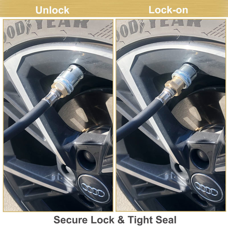 GODESON Lock On Air Chuck,1/4FNPT Closed Flow Brass Tire Chuck,Tire Air Chuck for Tire Inflator Gauge and Air Compressor(Pack of 2) Push