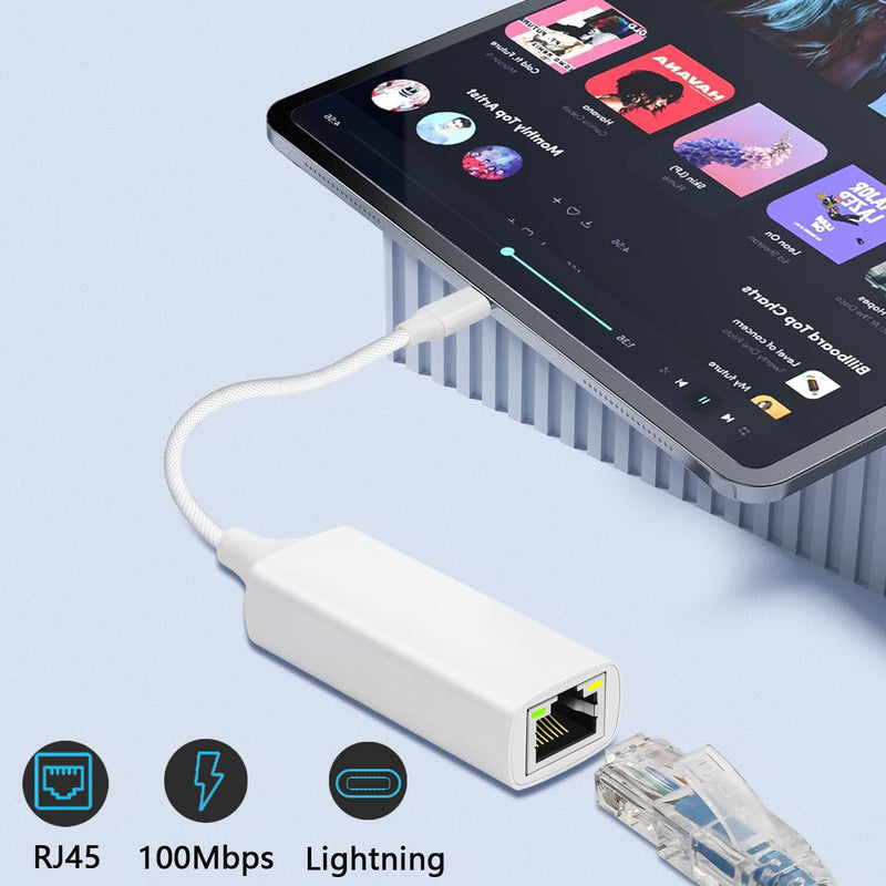 MFi Certified Ethernet Adapter Compatible with Lightning to RJ45 Ethernet LAN Network Adapter for i-Phone14/ 13/12/11/i-Pad/i-Pod, Plug and Play, Supports 100Mbps (Non-PoE) 7.8IN White