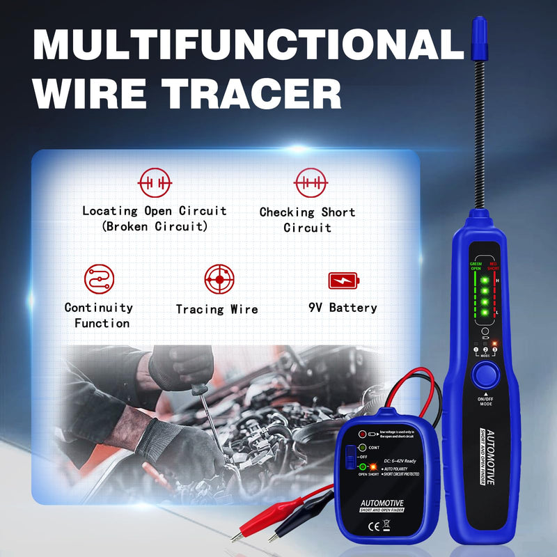 Automotive Wire Tracer Electrical Open & Short Finder Circuit Tester Wire Breaker Finder Fault Probe Kit Cable Toner Wire Tracker Continuity Test for DC 6-42V