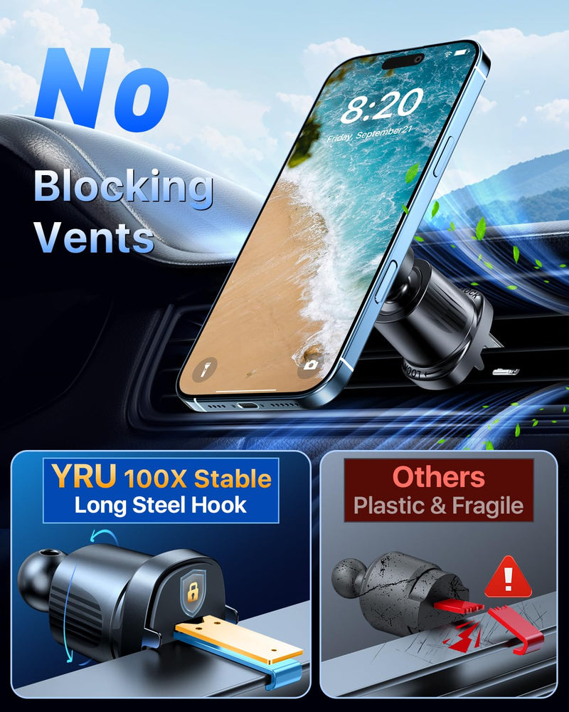 YRU [Truely Upgrade & Patent] Car Phone Holder for Magsafe [98+LBS Strongest Suction & Enhanced Magnetic] Dashboard Car Mount Windshield Vent Phone Stand for iPhone 17/16/15/14/13/12 Pro Max, Black