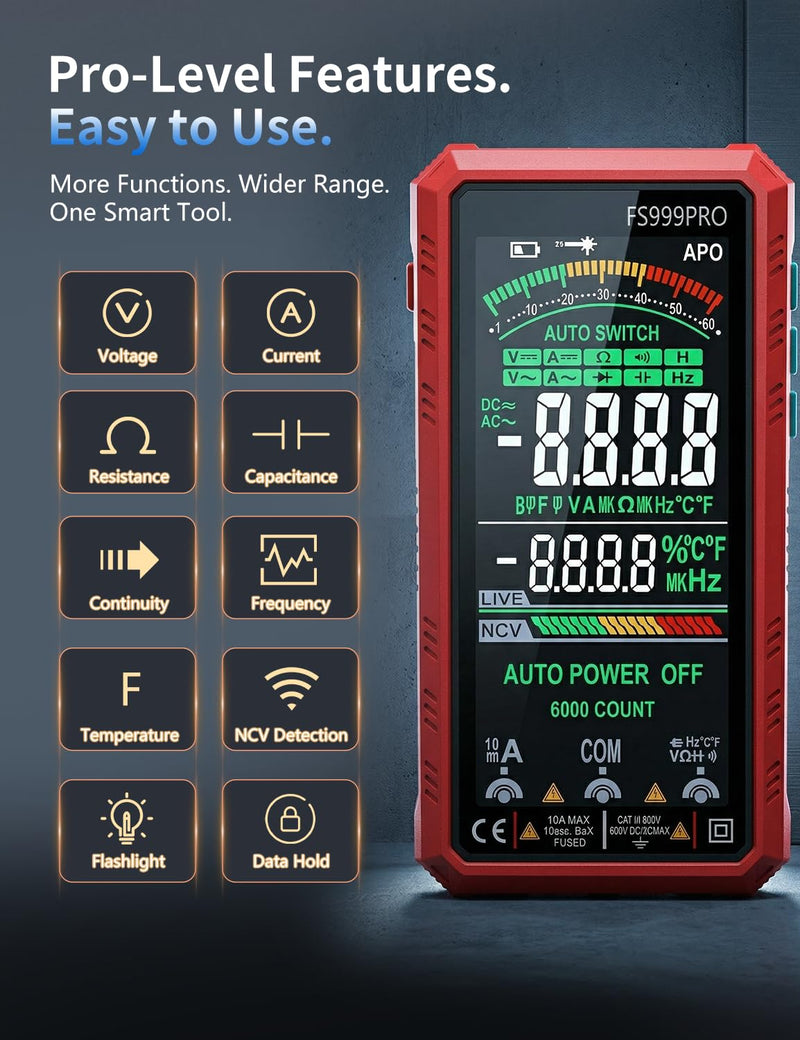 Digital Multimeter, Auto-Ranging Smart Electrical Tester, 6000 Counts TRMS, USB-C Rechargeable, Easy-to-Read Color Display, NCV Detection for Home, Automotive & DIY Use