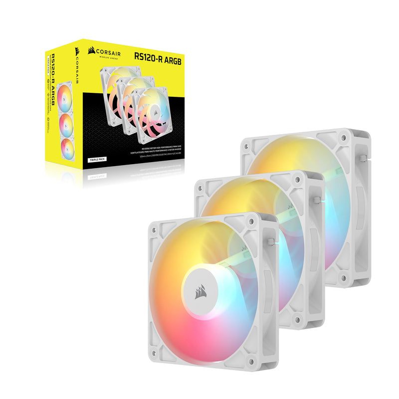 Corsair RS120-R ARGB 120mm PWM ARGB Reverse Fans – Reverse Rotor, +5V ARGB Connections, Eight RGB LEDs, High Static Pressure, Daisy-Chain, Magnetic Dome Bearing, Zero RPM Mode – Triple Pack – White