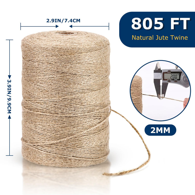 Vanhench 805FT Natural Jute Twine String, Bulk Hemp Jute Rope Cord Twine for Crafts Gardening, Gift Wrapping, Wedding Décor, Packing Material Burlap Ribbon, Christmas Knitting Macrame Decoration Brown 2mmX805ft (246m)