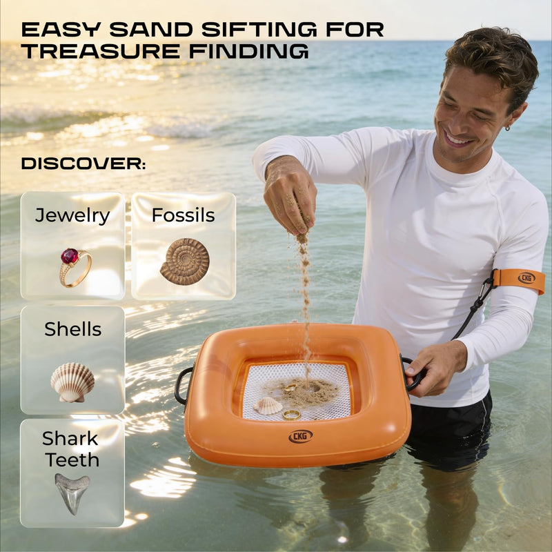CKG Floating Inflatable Sand Sifter, Lightweight Durable Shark Tooth Sifter for the Beach with Comfortable Grip & Double Sifting Mesh, Perfect for Metal Detecting, Beach Accessories PVC