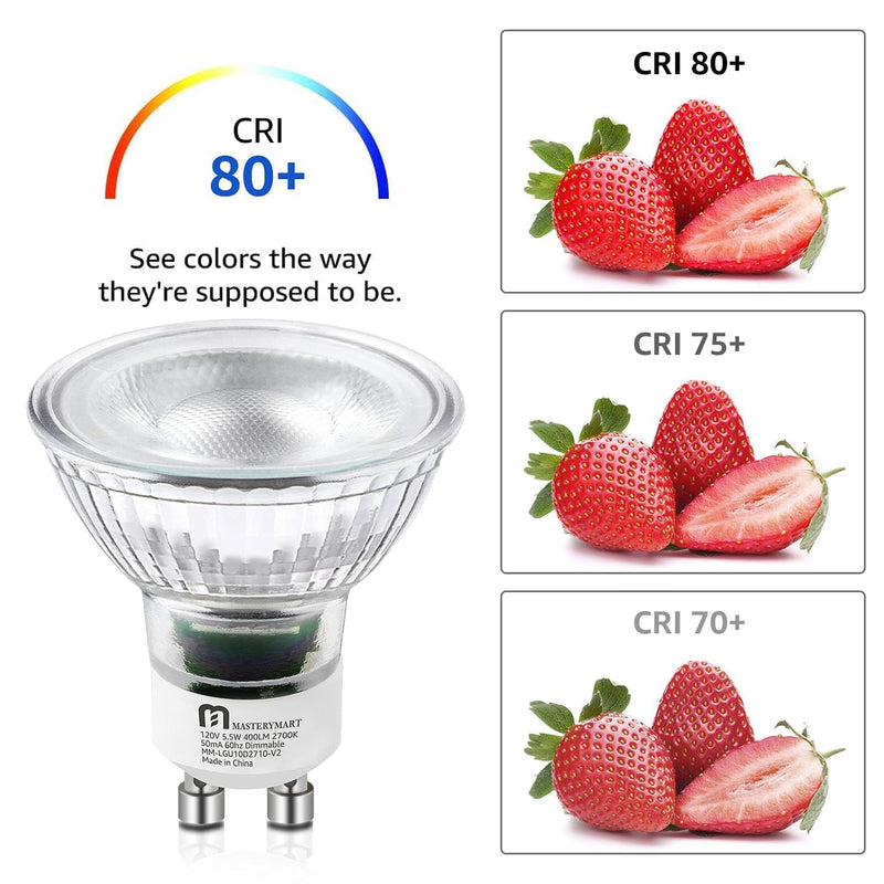 MASTERY MART Dimmable GU10 LED Light Bulbs, 5.5W Bright 2700K Soft White 50W Halogen Equivalent, 400lm Energy Saver for Track Lighting Fixture, Kitchen, Basement, Living Room, 25000 Hours, 10 Pack 10 Count (Pack of 1) 2700k Soft White -5.5w