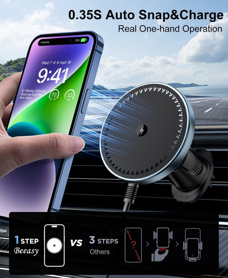 Beeasy for MagSafe Car Mount Charger, 15W Fast Charging Magnetic Wireless Car Charger, Car Phone Holder Mount for Vent ONLY Fit iPhone 12-17 Series and Magnetic Case