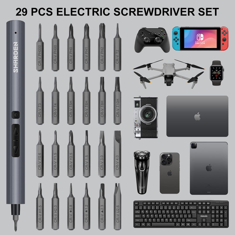 SHARDEN Mini Electric Screwdriver, 29 in 1 Small Electric Screw Driver Kit with 24 Magnetic Bits, Precision Cordless Repair Tool for Phone, Camera, Laptop, Watch Red