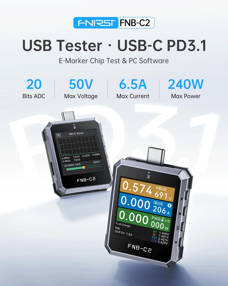 FNIRSI FNB-C2 PD 3.1 USB C Tester 4-50V 6.5A 240W, USB Power Meter with 20-Bit ADC 7-Digit Display Bi-Directional, 1.54" Screen, Curve View & Gravity Sensor, Supports PPS, QC3.0, E-Marker