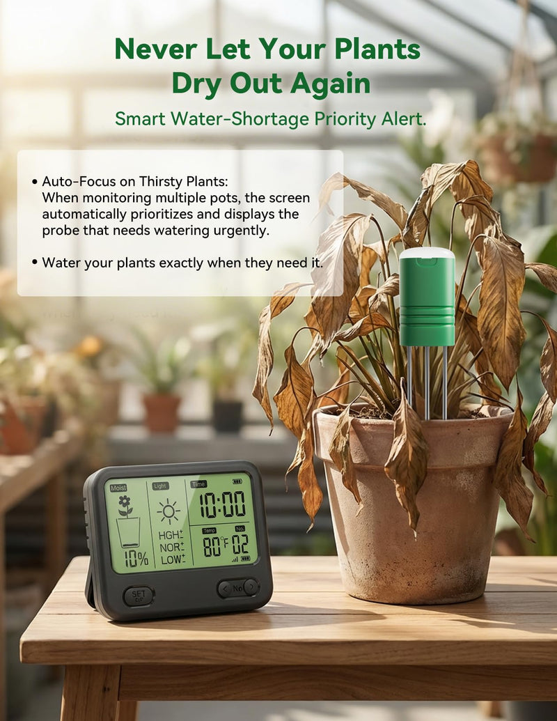 Nexuslab Wireless Soil Moisture Meter with LCD Receiver – 3‑Probe 3‑in‑1 Sensor (Moisture, Temperature, Light), 230 ft RF Range, Waterproof, Long Battery Life for Indoor/Outdoor Plants and Gardens Main Unit + 2 Sensors