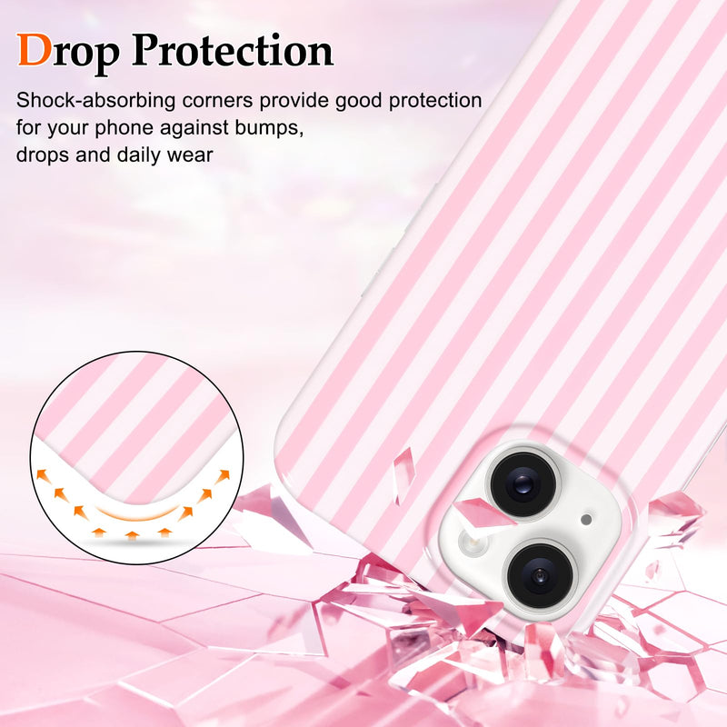 Anuck for iPhone 15 Case Cute Striped Phone Case Girly Aesthetic Vertical Stripe Pattern Design for Women Girls, Soft TPU Shockproof Rubber Bumper Protective Cover for iPhone 15 6.1" - Pink White Pink/White