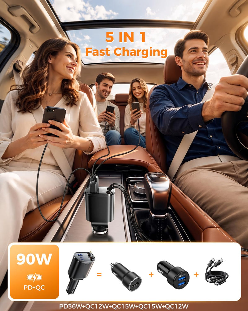5 in 1 Retractable Car Charge with Dual Type C Cables | 90W Fast Charging Car Charger, Ultra-Compact USB C Car Accessories Adapter, for iPhone 17/16/15/14/13/12, Galaxy, iPad, Black