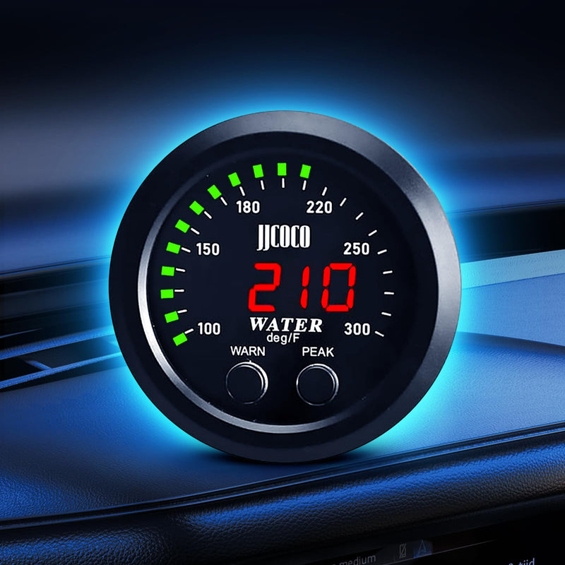 Universal 52mm Water Temperature Gauge with Alarm and 1/8 Npt Sensor Car Digital Meter Red Display Green Ambient Light Temp 100-300F(-17~187C) Green Water Temperature Gauge